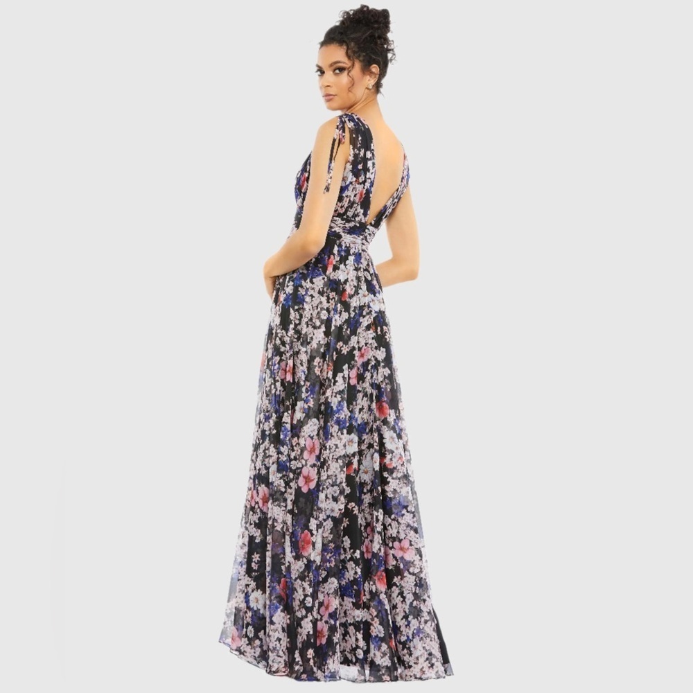 NWT Mac Duggal Size 4 Black Floral Tie Shoulder Chiffon V-Neck Maxi Dress Gown - Picture 2 of 11